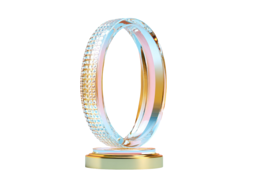 A stylish, gem-encrusted ring stands upright on a gold-toned platform, with a light pink interior