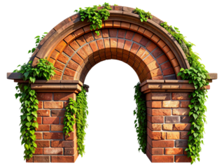 Ancient brick archway with lush green vines entwined around stone architecture isolated on transparent background