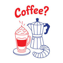 Vector art of coffee with croissant, outline illustration