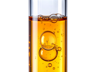 Close up macro shot of a single bubble level vial containing amber liquid with air bubbles isolated on transparent background