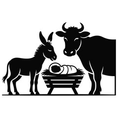 Nativity scene silhouette with donkey cow and baby jesus