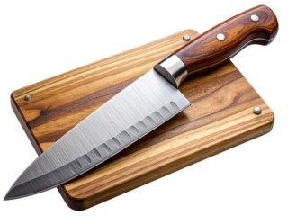 Chefs knife on a wooden cutting board isolated on transparent background