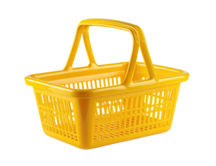 A bright yellow plastic basket with a handle, seen from a slightly elevated angle