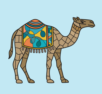A desert camel with a cracked earth body and a modern bohemian saddle pattern in blue-green, yellow and orange, great for summer holiday postcards and social media graphics.