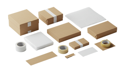 Eco-friendly cardboard boxes and packing materials with adhesive tape and protective bubble wrap, ideal for shipping and moving
