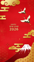 Naklejka premium Vertical Japanese New Year 2026 Red and Gold Design with Cranes and Mount Fuji
