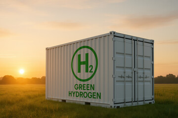 Obraz premium Green hydrogen container stands in field at sunset symbolizing renewable energy infrastructure for sustainable power and clean fuel solutions in natural environment