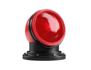 Glossy red circular hazard light on a black base, angled slightly, isolated on black background