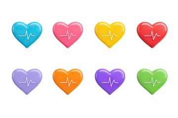 Eight colorful, glossy 3D heart icons with electrocardiogram lines on a black background