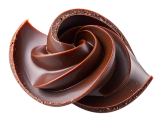 A single dark chocolate shard with swirling abstract texture and rich brown tones isolated on transparent background