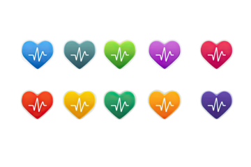 Ten colorful heart-shaped icons with pulse wave signals, against a dark backdrop