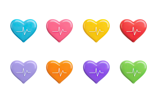 Eight colorful, glossy 3D heart icons with electrocardiogram lines on a black background