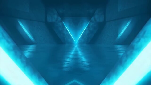 Neon Blue V Shaped Tunnel With Reflective Floor And Mist. Smooth Camera Movement. Futuristic Background