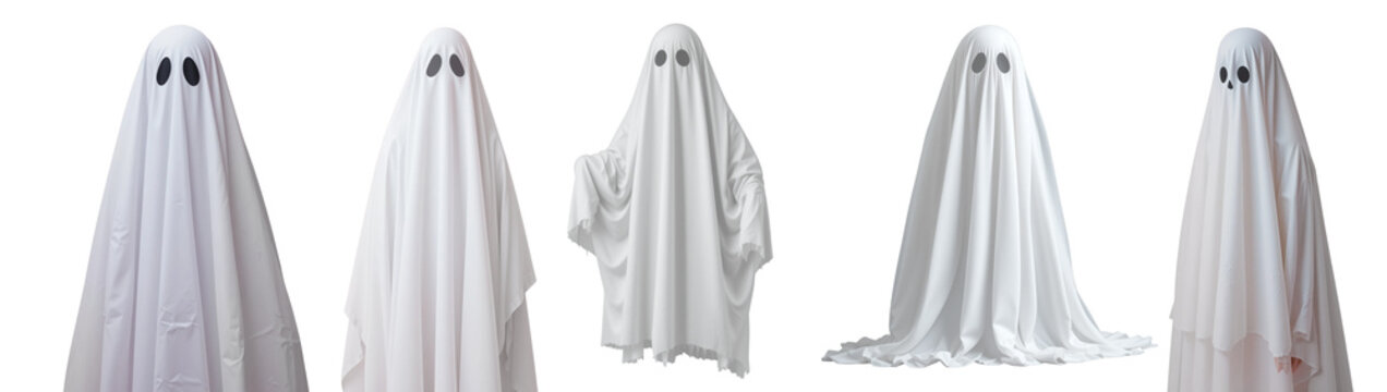 Set of white sheet ghost costumes with eye holes isolated on transparent background. 
