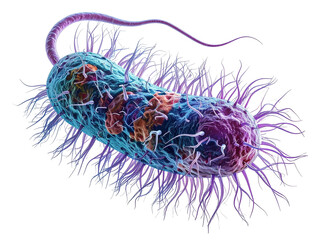 Colorful salmonella bacteria with flagella isolated on transparent background