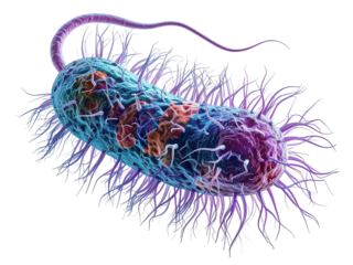 Colorful salmonella bacteria with flagella isolated on transparent background