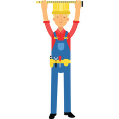 Construction worker in blue overalls and red shirt holding a measuring tape overhead against a white background with tools on his belt