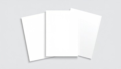 Fototapeta premium Three blank, white rectangular papers are artfully arranged against a neutral, light-gray background, creating a visually clean and elegant composition.