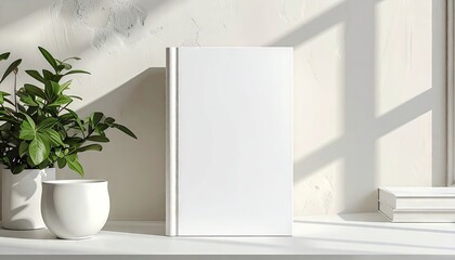 A blank book is displayed upright on a white surface, with a plant in a white pot to the left, and a second white container.