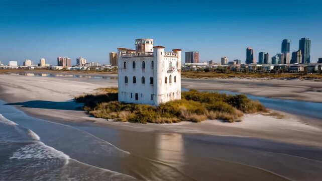 White turreted building on a sandy island surrounded by water, with a cityscape in the distance