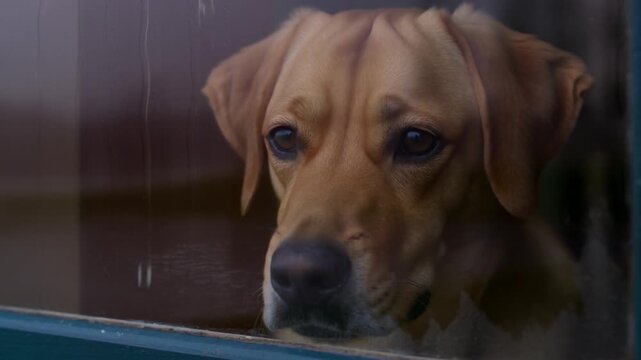 Sad Dog Crying a Tear by the Window. A single tear rolls down its face, powerfully symbolizing loneliness, separation anxiety, and deep emotional distress as it waits for its owner