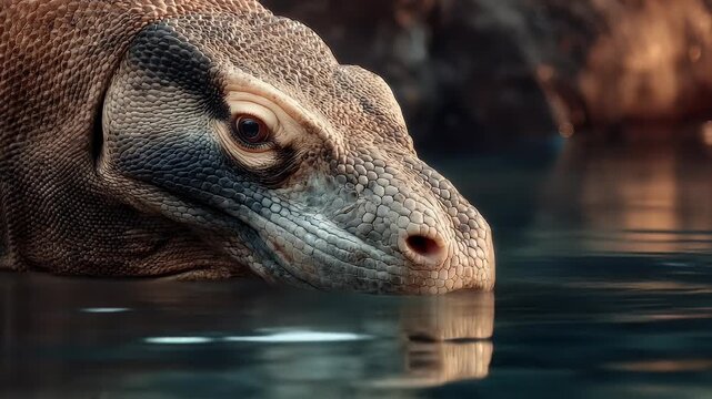 Komodo dragon emerging from water showing detailed scale textures and patterns with natural lighting and earthy tones creating a moody and intriguing wildlife scene