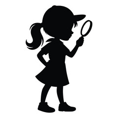 Silhouette of a young girl detective with a magnifying glass