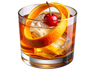 Old fashioned cocktail isolated on transparent background with cherry and orange