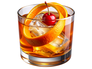 Old fashioned cocktail isolated on transparent background with cherry and orange