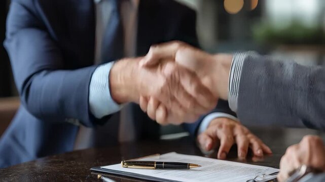 Business partners finalize contract agreement in corporate setting enhancing collaboration and mutual success through handshake
