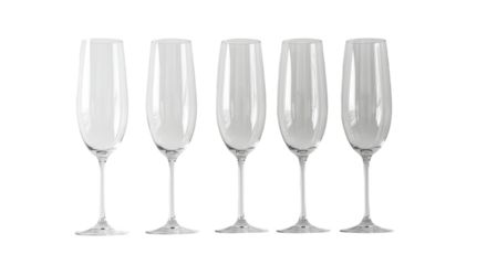 Empty champagne glasses in a row on white background, perfect for celebrations and party themes