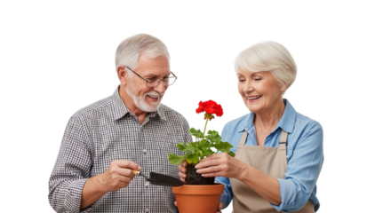 Happy Senior Couple Gardening Together and Planting Flowers Isolated on White and Transparent Background, PNG
