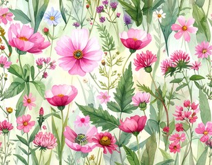 Watercolor Floral Pattern with Pink Flowers and Green Leaves.