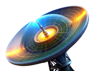 Satellite dish for communication and signal transmission isolated on transparent background