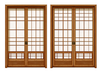 Two adjacent wooden sliding doors, Asian-inspired design with grid and opaque panels