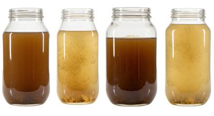 Four glass jars filled with different shades of brown and beige liquid, showcasing varying levels of clarity and sediment, ideal for food and beverage presentations