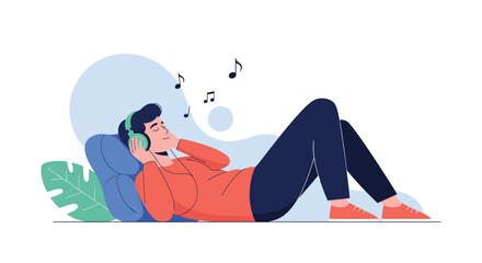Fototapeta premium A person is relaxing and listening to music with headphones while lying down on a pillow.