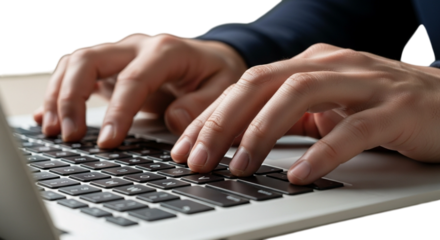 Close-Up of Professional Hands Typing on a Modern Silver Laptop Keyboard Isolated on White and Transparent Background, PNG