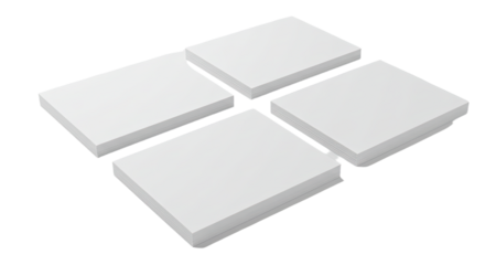 Four white rectangular note pads arranged in a square pattern with shadows on a white background, perfect for business or office stationery presentations