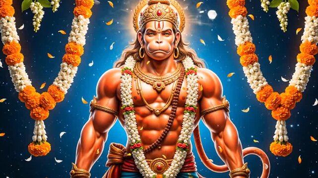 lord hanuman surrounded by floral garlands devotional art