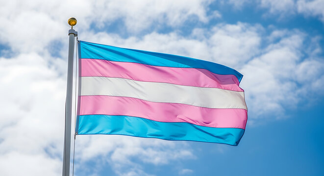 Transgender pride flag waving proudly against a bright blue sky with fluffy white clouds - Powered by Adobe