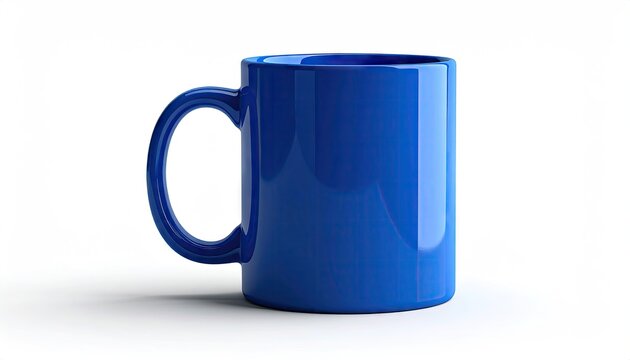 A glossy, blue coffee mug is presented on a white background, creating a minimalist aesthetic with simple composition and a clean, -style lighting setup.