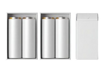 A top-down shot of two boxes of white cylindrical batteries and a single closed pack