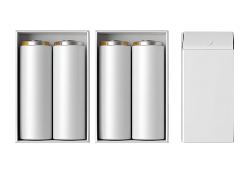 A top-down shot of two boxes of white cylindrical batteries and a single closed pack