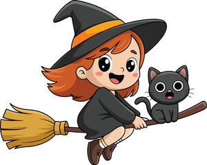 Cartoon Witch Girl Flying on Broomstick with Black Cat Companion in Halloween Costume for Holiday, Fantasy, and Children’s Illustration Themes