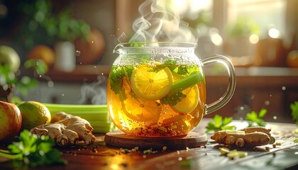 Steaming citrus-herb infusion in a glass pitcher, warm kitchen background