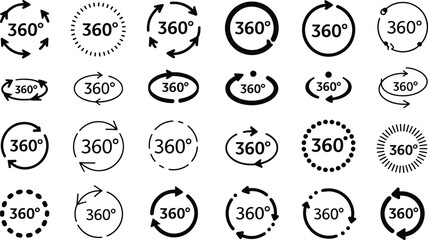 360 Degree Icon Set Featuring Circular Arrows, Dotted Lines, Rotation Symbols for Panoramic View, Virtual Tour and UI Design Concepts