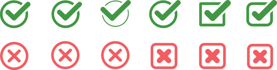 Check and Cross Icon Set in Circle and Square Styles for UI Design, Approval, Error, Feedback and Interface Elements