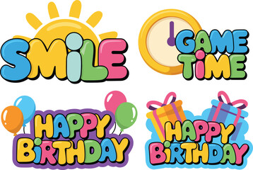 Colorful Cartoon Text Designs Featuring Smile, Game Time, Happy Birthday with Balloons, Gifts and Clock for Celebration and Fun Themes