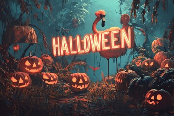 big letter "HALLOWEEN", in the style of the cyberpunk art genre